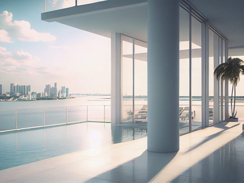 Modern skyscraper reflects blue cityscape in glass window ,generative artificial intelligence